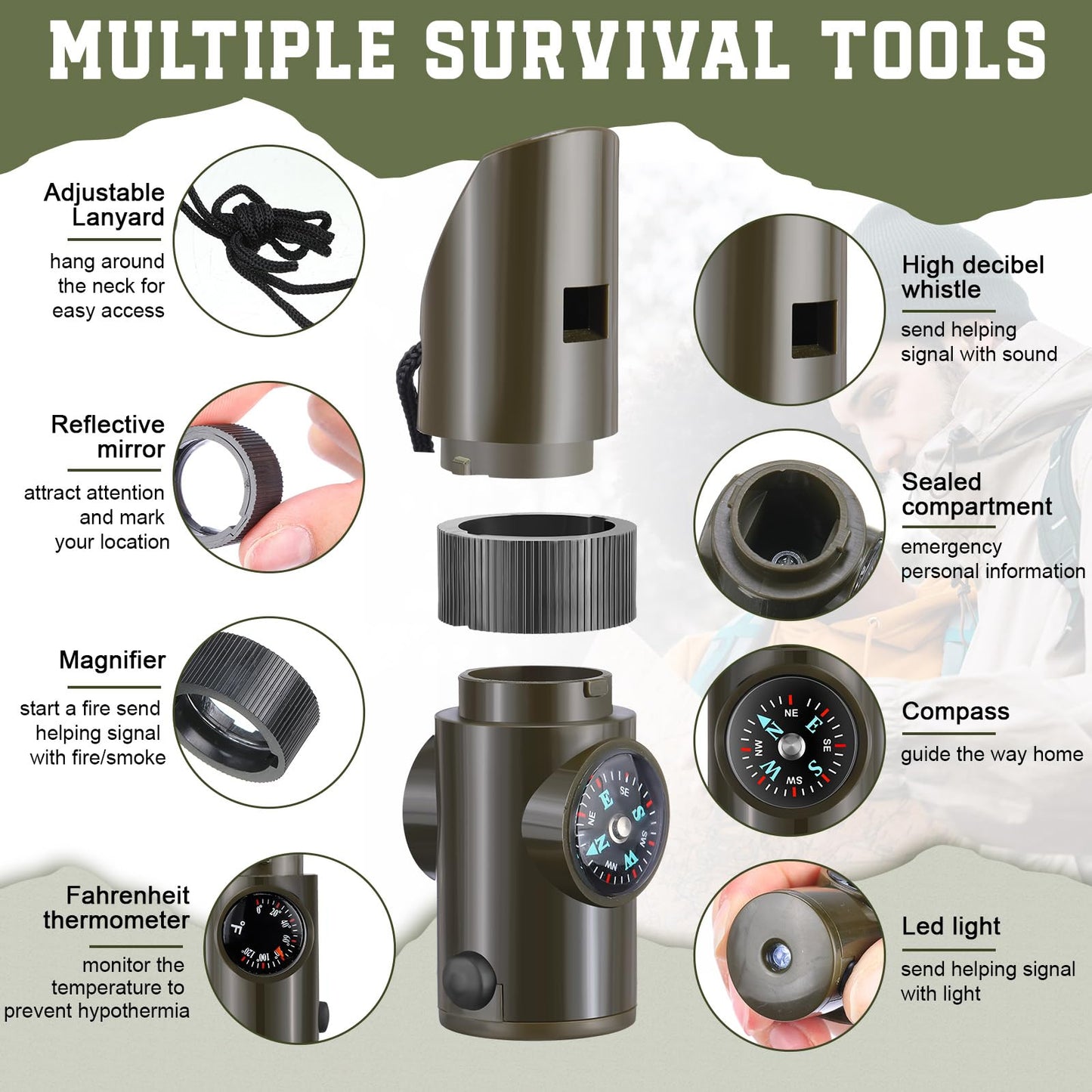 Foilswirl 12 Pcs Emergency Safety Whistle 7 in 1 Loud Survival Whistle with Lanyard Hiking Outdoor Signal Compass Thermometer Reflector Magnifier LED Lights for Outdoor Hiking Camping