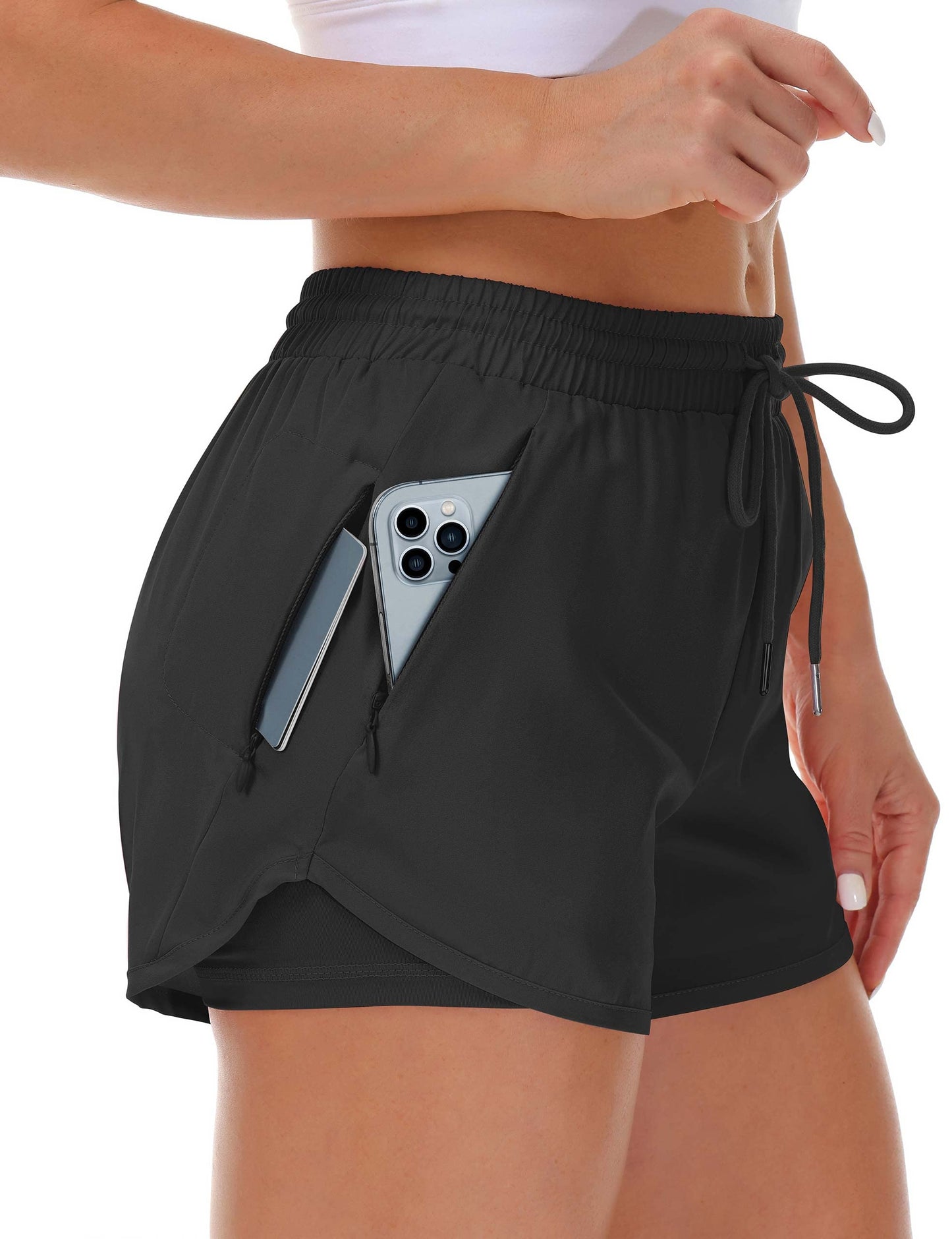 Mancreda Women's Running Shorts with Liner 3 Zipper Pockets Elastic Workout Athletic Gym Yoga Shorts(BK,XL) Black
