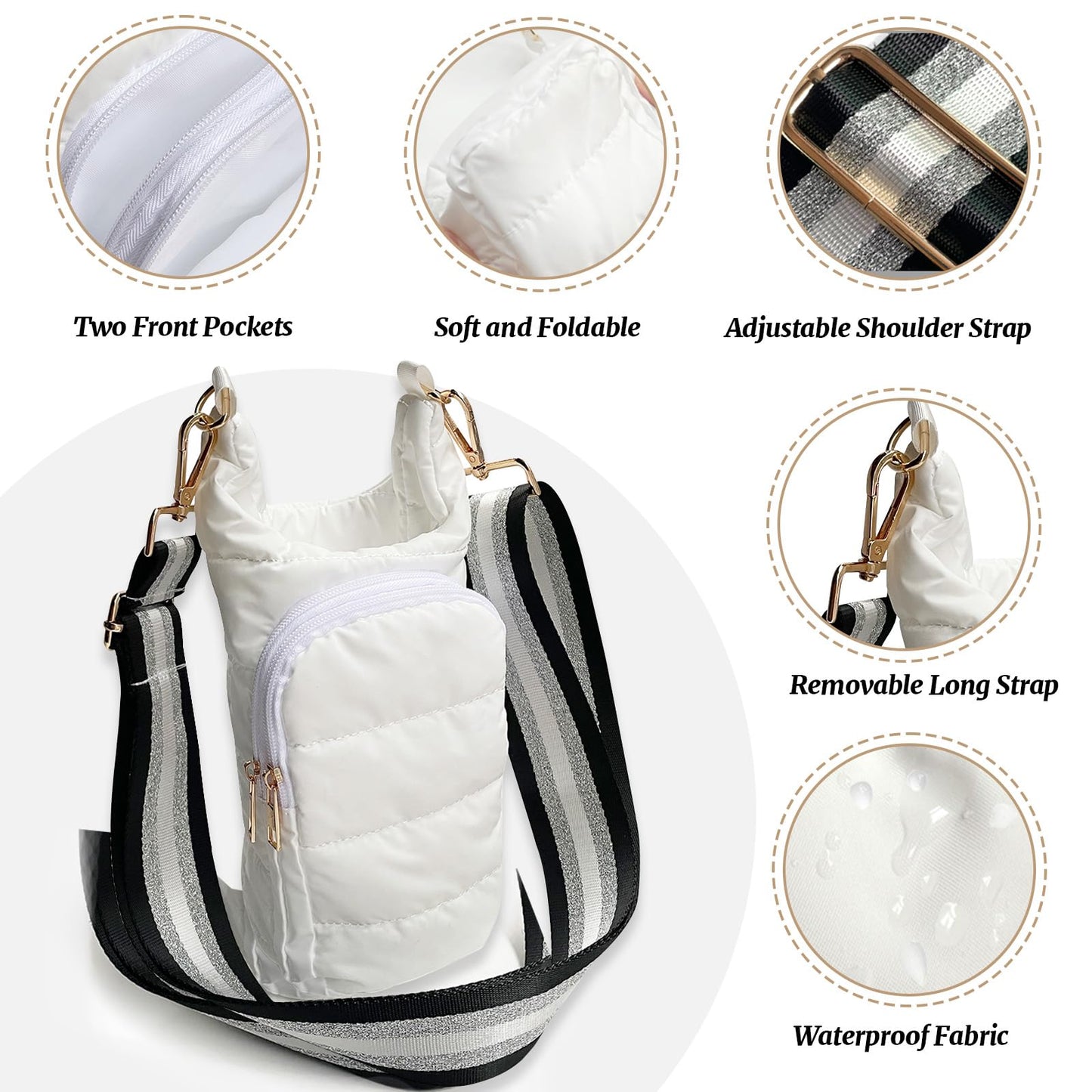 HYPINZI Water Bottle Holder with Strap Quilted Crossbody HydroBag Stylish Puffer Waterbottle Purses Water Bottle Sling Bag Water Bottle Accessories for Gifts Outdoor Travel Walking Hiking Camping