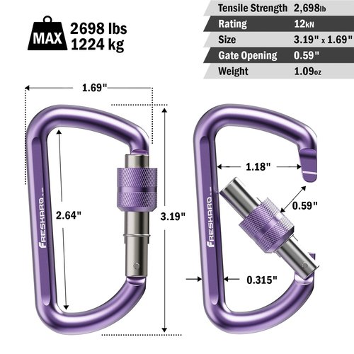 FresKaro Carabiner Clip, Locking and Small Carabiners, Heavy Duty Carbineers, Key and Keychain Clips, Purple Karabiner 3inch, Screw Lock, Aluminum, D-Ring, for Belt, Hammock, Hiking, 2 Pack