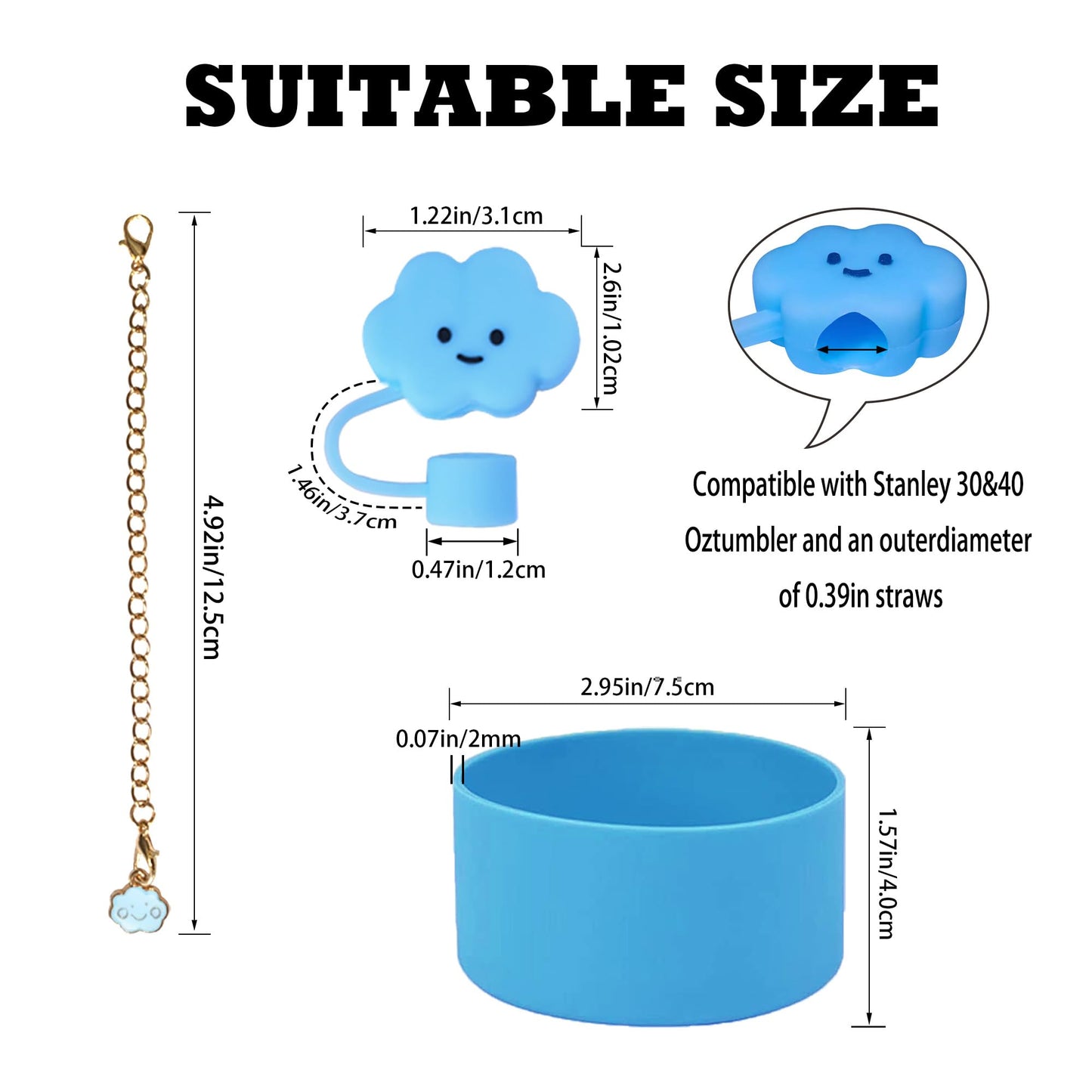 5 PCS Stanley Cup Accessories - Including Water Bottle Silicone Cup Boot for 30/40 oz Tumbler with Handle, 0.4in (10mm) Straw Toppers, Cute Handle Charms (Blue)