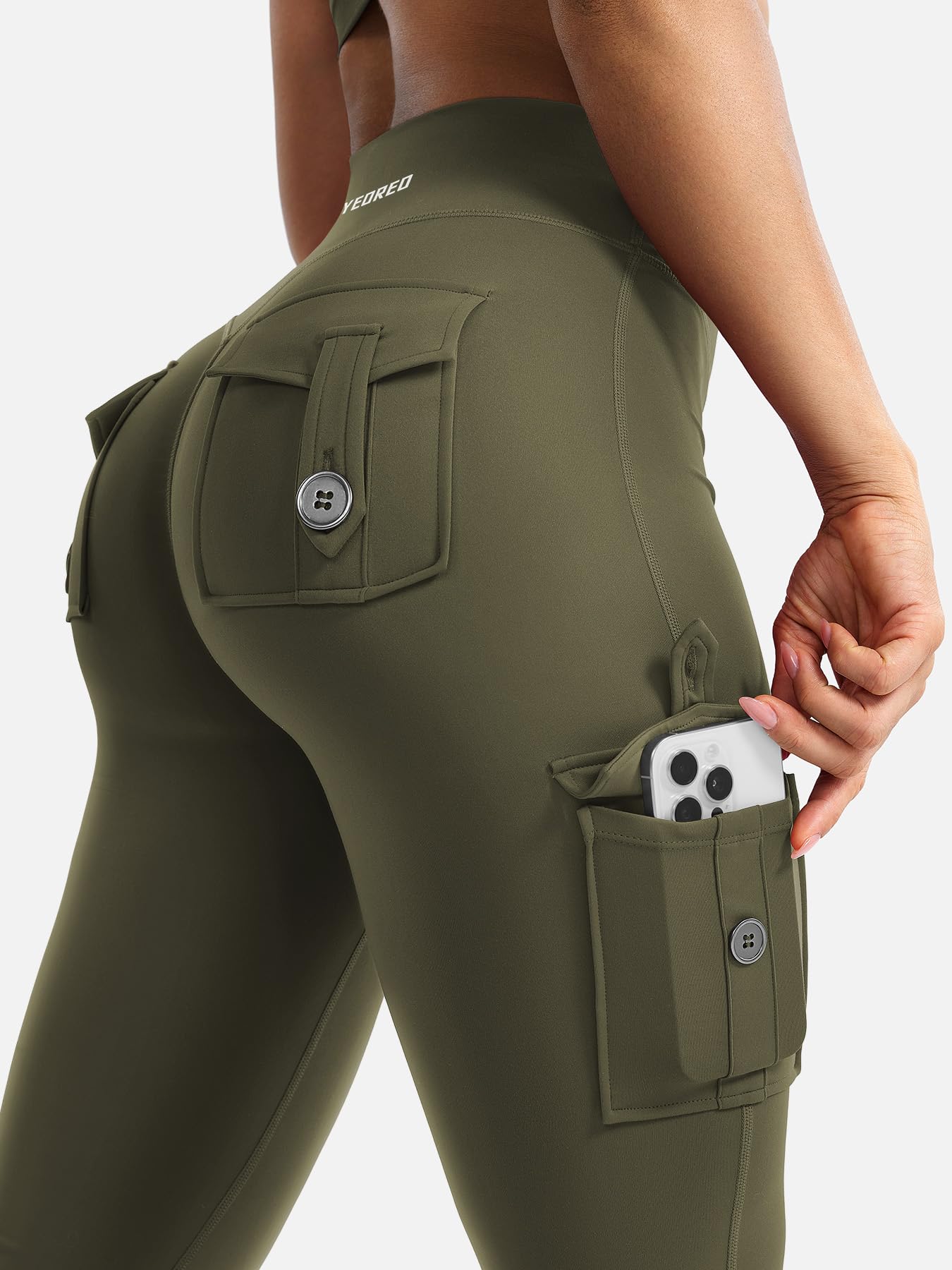 YEOREO CoreFlex Women Workout Flare Leggings with Pockets Scrunch Cargo Gym Yoga Leggings Army Green L