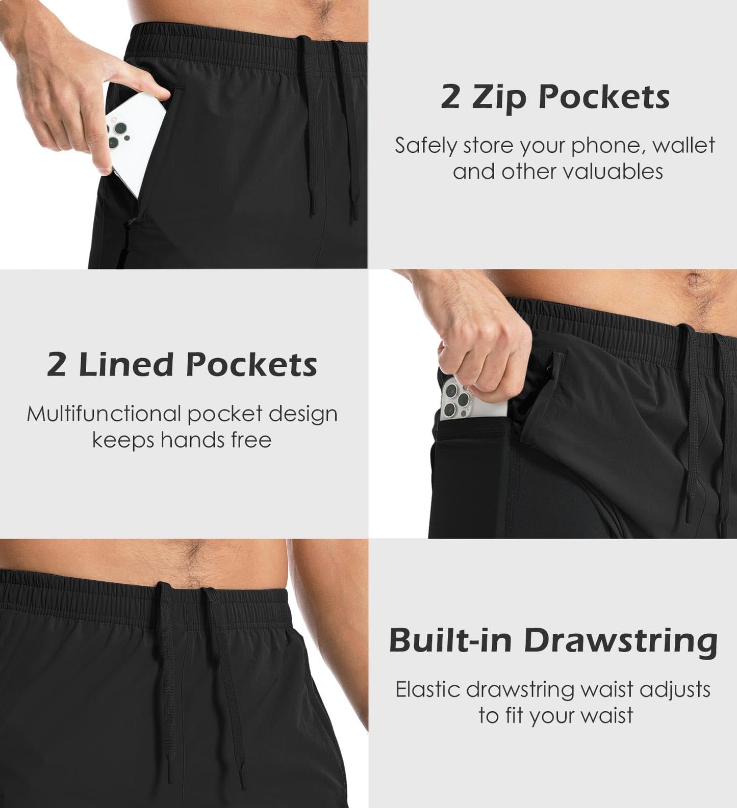 Aolesy Men's Gym Shorts 5 Inch Quick Dry Workout Running Shorts with Zipper Pockets Lightweight Sports Athletic Shorts for Men Black
