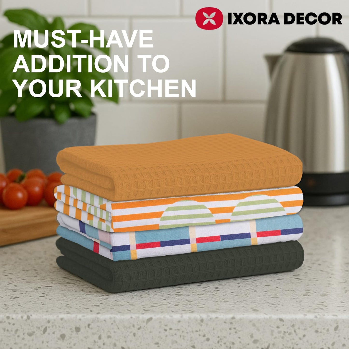 IXORA DECOR 100% Cotton Kitchen Towels Set of 4 | 2 Solid Dyed Waffle Weave Dishcloths & Geometric Digital Print Kitchen & Table Linen Cloth | Super Absorbent Napkins | 50 x 70 Inches