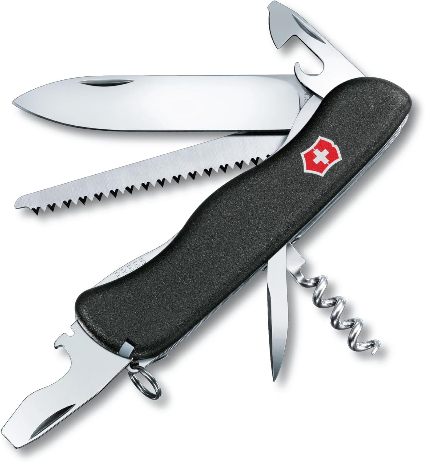 Victorinox Forester Swiss Army Knife, 12 Function Swiss Made Pocket Knife with Large Blade, Wood Saw and Reamer/Punch - Black