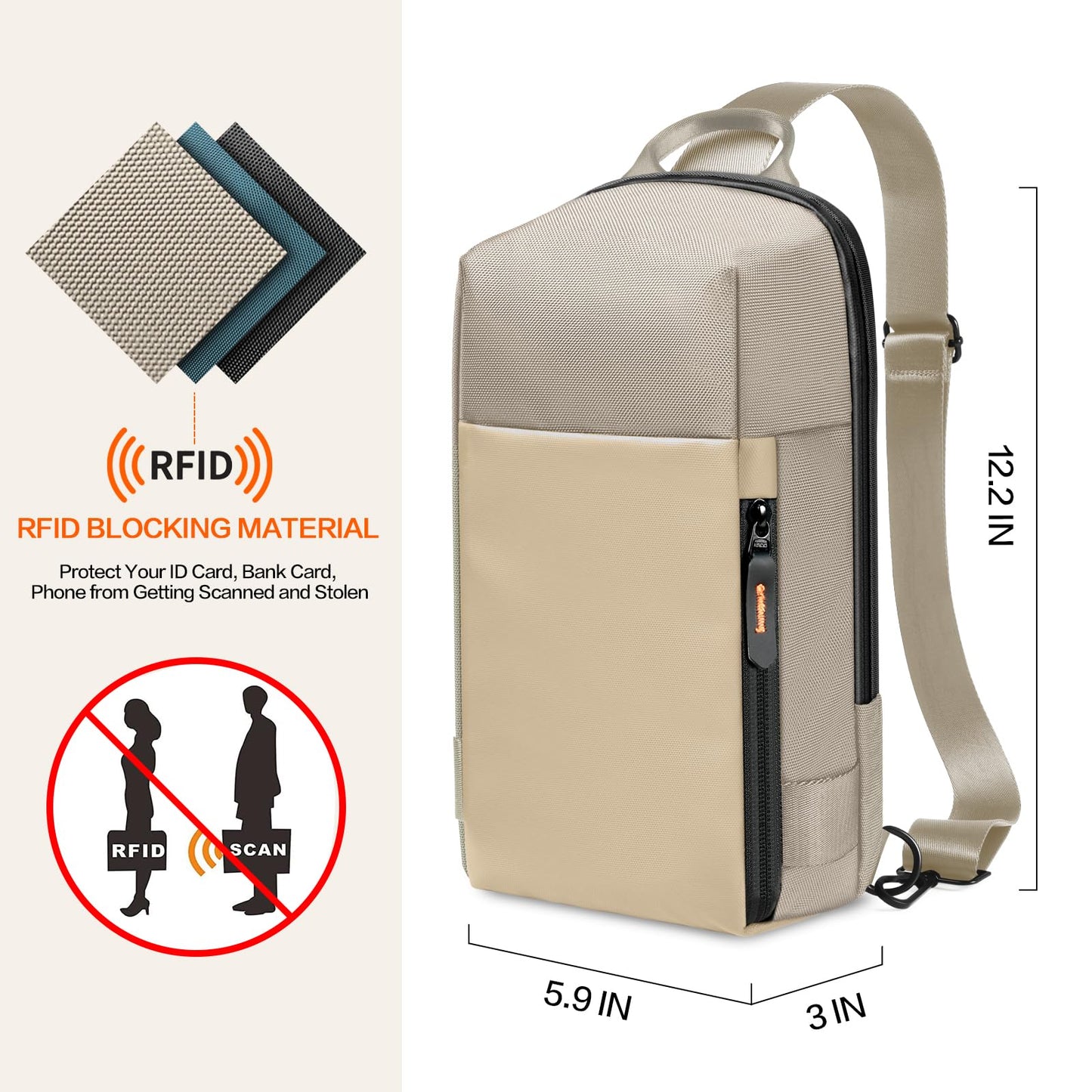 GEAMSAM Sling Bag for Men, Crossbody Bag Sling Shoulder Backpack Waterproof Lightweight Daypack Chest Bag for Work Travel, Perfect for Commute Daily Carry - Khaki