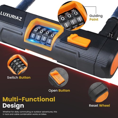 Luxuriaz Heavy Duty Bike Lock with 5ft Steel Cable, 4-Digit Resettable Combination U-Lock, Durable Cable Lock for Secure U Lock Bike Protection