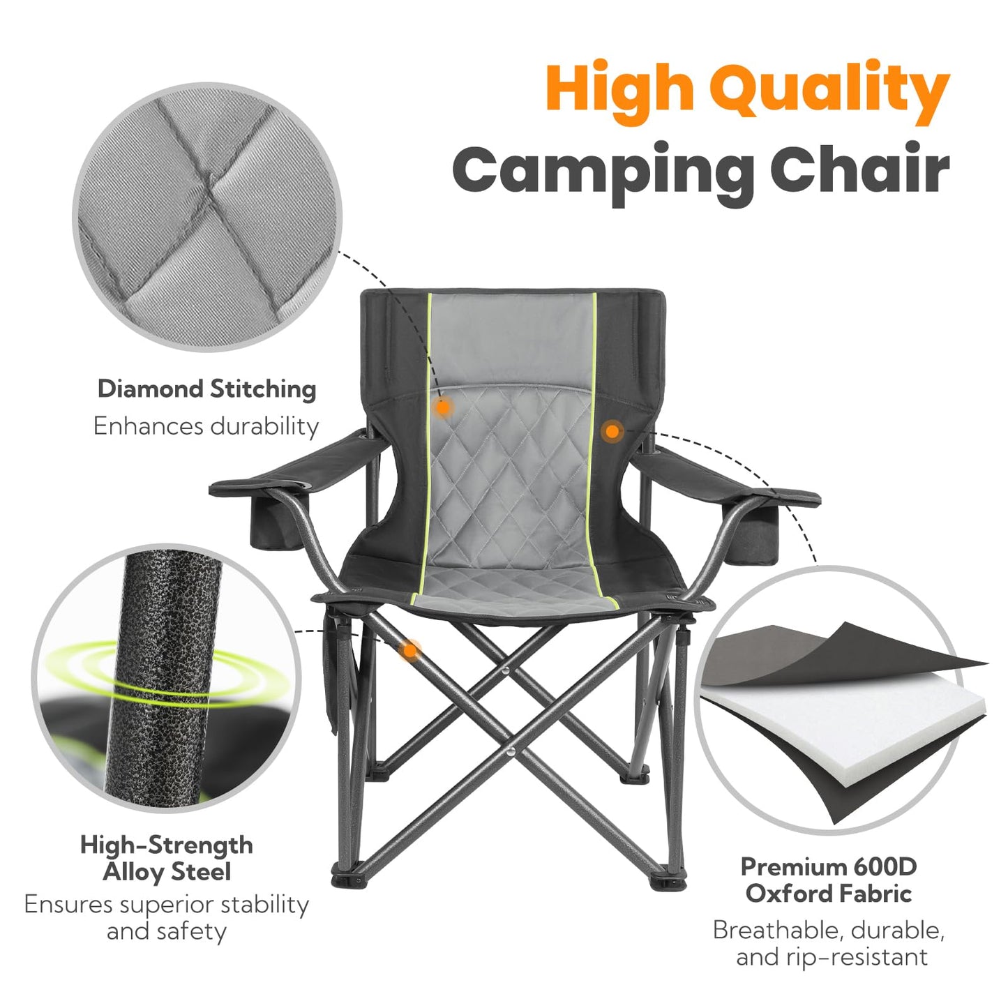Join Nature Outdoor Large Camping Chairs for Adults, Heavy Duty Camp Chair Support 800lbs, King Kong Folding Chairs with Padded and Pocket for Outside, Sports, Lawn, Built Durable and Reliable, Black
