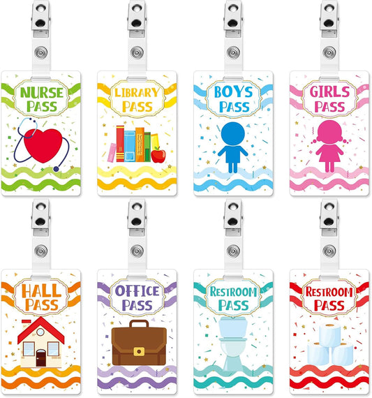 Ctosree 8 Set Unbreakable PVC Hall Pass and School Passes Set with Badge Clips Teacher Supplies for Classroom Elementary Middle School Restroom Library Office