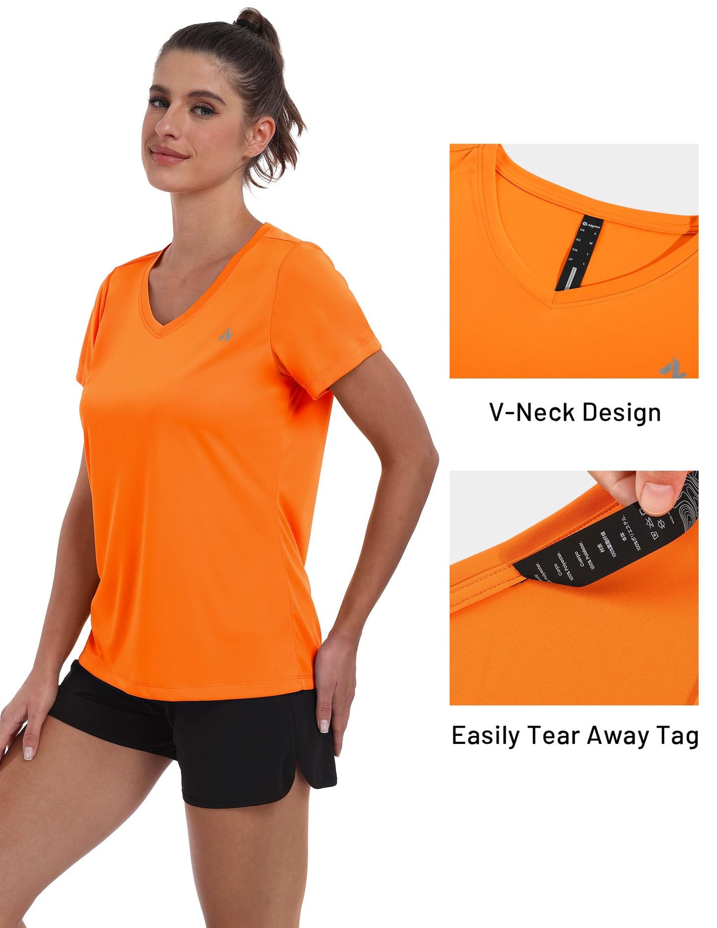 Nepest Women's Short Sleeve Quick Dry T-Shirt V-Neck UPF 50+ Tops Athletic Running Performance Shirts Orange L