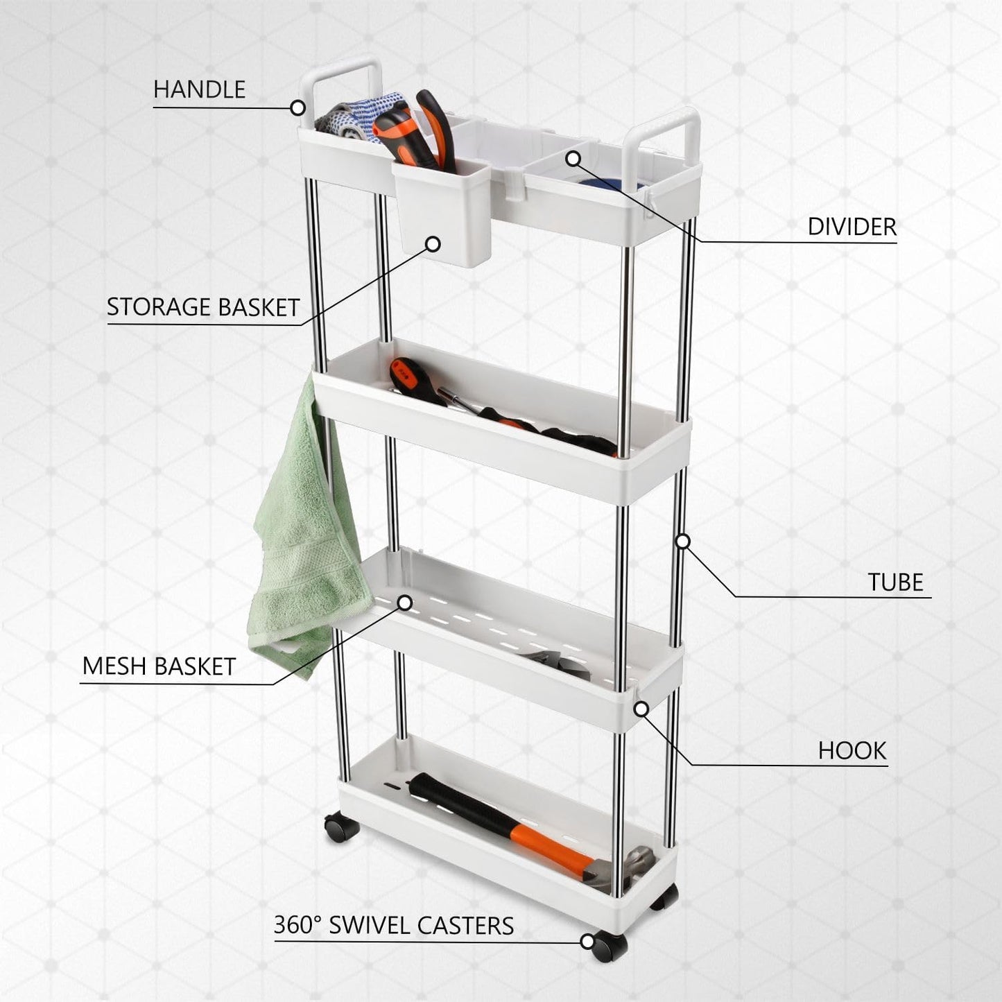 DNA MOTORING 3 Tier Slim Rolling Storage Cart, Plastic Utility Cart Organizer, Mobile Shelving Unit Utility Cart for Garage, Warehouse, Kitchen, Bathroom, Narrow Space, w/Wheel, White, TOOLS-00797-WH