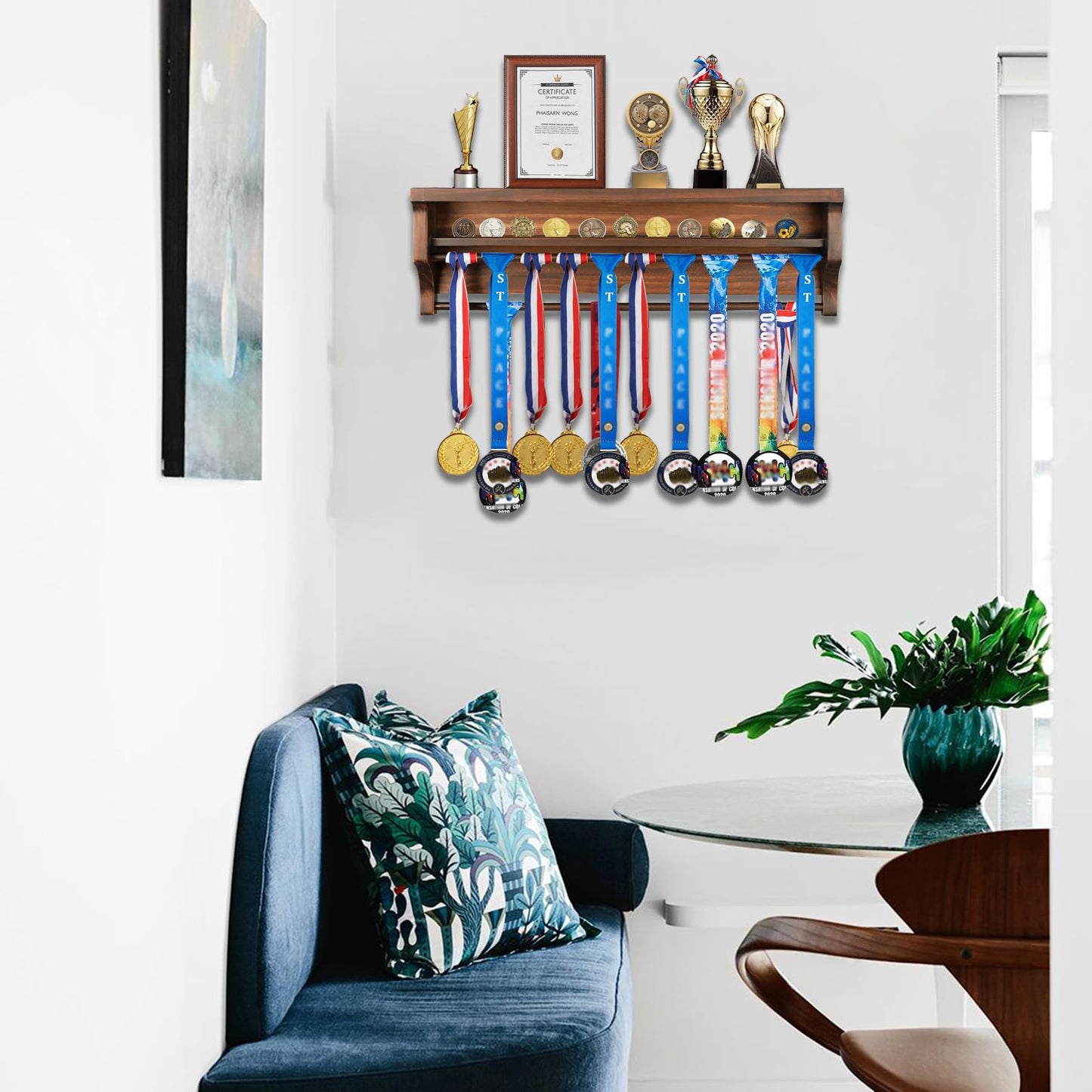 IHEIPYE Solid Wood Medal Hanger Display Shelf Medal Holder, Wall Mount Medal Rack Display Holder for Runners, Marathon, Race Winner,Soccer, Football, Gymnastics & All Sports-Walnut