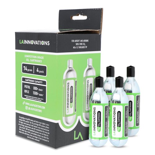 LA Innovations 74g CO2 Cartridges for Airsoft Guns and BB Guns - 74 Gram CO2 Cartridges with Protective End Cap, CO2 Airsoft Rifles Up to 1500+ Shots, CO2 Airsoft Pistol Up to 800+ Shots, 4 Pack