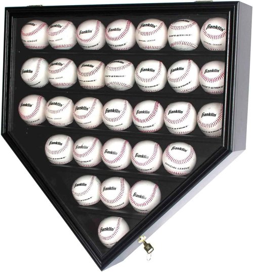 Baseball Display Case - Lockable Shadow Box for 30 Balls with UV Protection, Black Frame