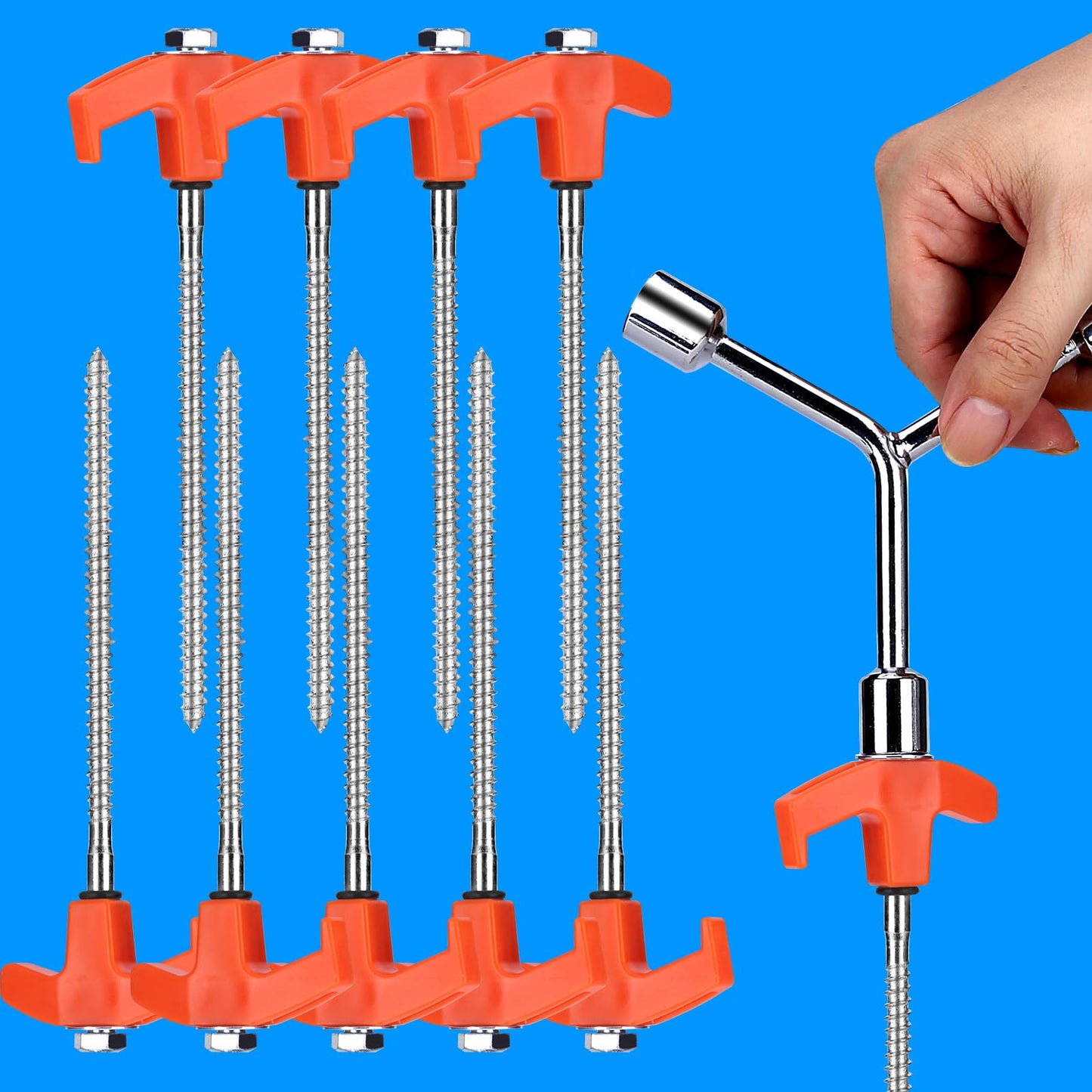 8" Screw in Tent Stakes - Ground Anchors Screw in, Camping Tent Accessories, Metal Threaded Tent Spikes, Tent Stakes for Outdoor Camping,Y-Shaped 3 Way Wrench (9)