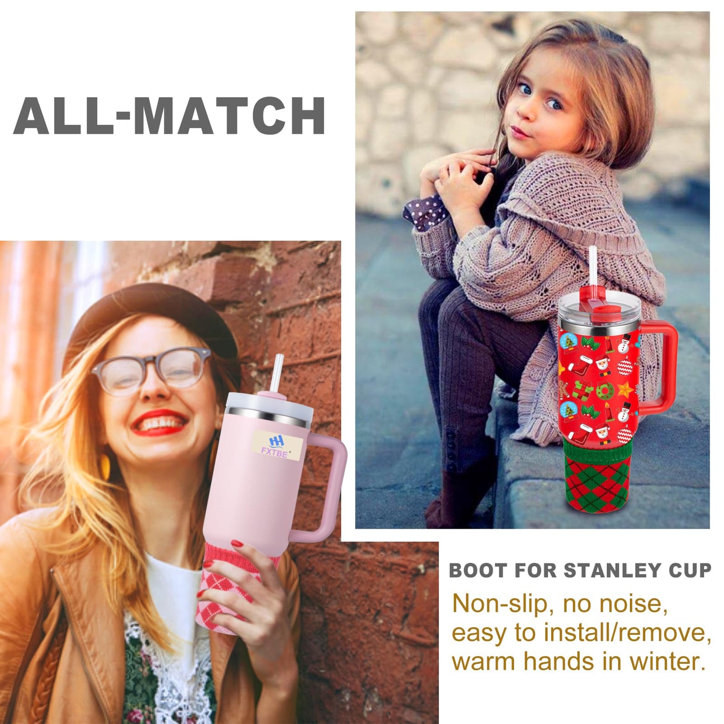 FXTBE Knitted Sleeve for Christmas Stanley Cup Accessories, Knitting Boot Bottom for Stanley Quencher 40 oz 30oz 20 oz Sleeves for Water Bottle Christmas Accessory Set, Red Green Pink