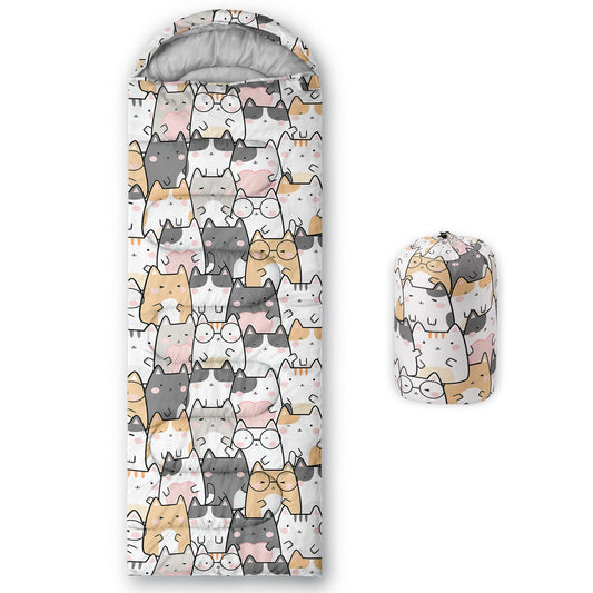QOOMO Kawaii Cat Printed Camping Sleeping Bags,3 Season Warm & Cool Weather,Lightweight,Waterproof Sleeping Bags for Adults Kids Girls,Traveling,and Outdoors,Camping Gear Equipment,31x90inch