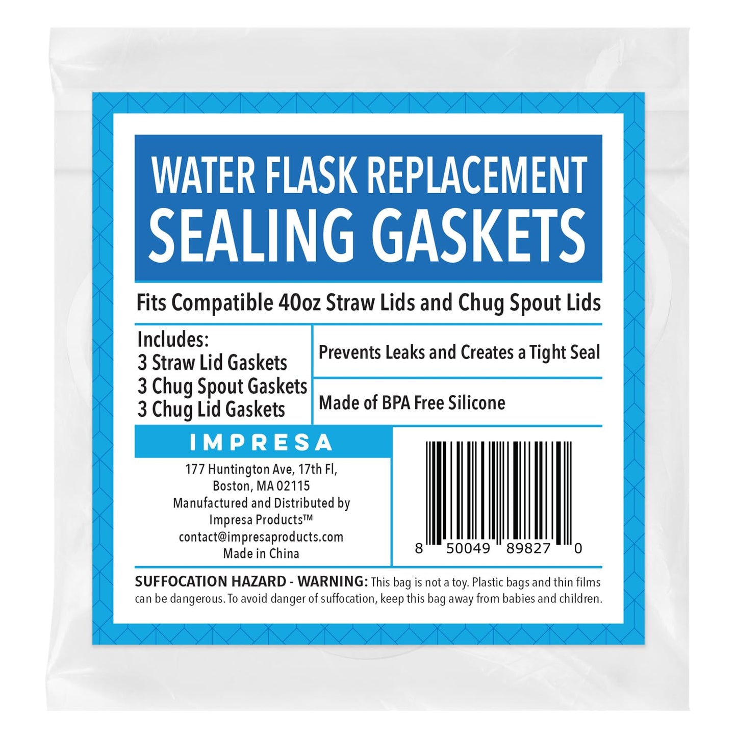 Impresa Water Bottle Gasket Replacement Set - 9-Pack, Compatible with Thermoflask 24/32/40/64 oz Bottles - Thermo Flask Rubber Seal & Wide Mouth Chug/Spout Lid