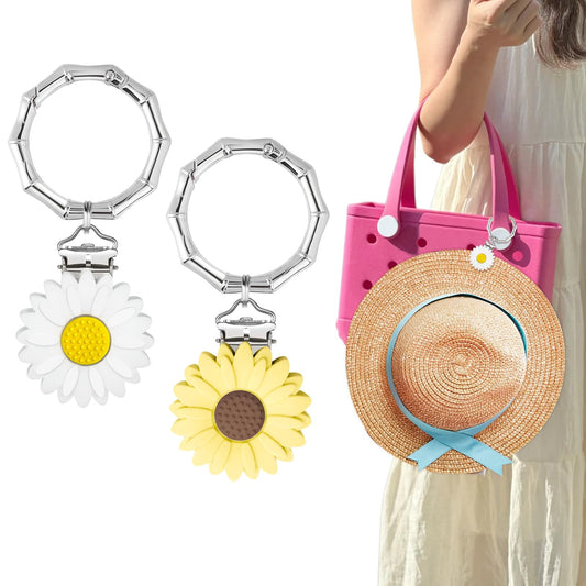 2 Pcs Hat Clip for Travel on Bag- Securely Attach Hats to Bags, Totes, Luggage - Hands-Free, Prevents Loss at Beach/Outings (US, Alpha, One Size, Bamboo Ring, Yellow & White Flowers)