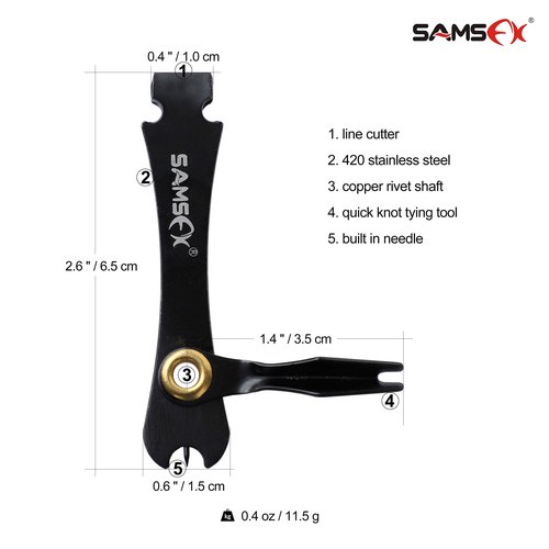 SAMSFX Locking Fishing Pliers Saltwater Resistant Teflon Coated Briad Line Cutters with Wire Coiled Lanyard, Sheath & Quick Knot Tool Combo (Black Color)