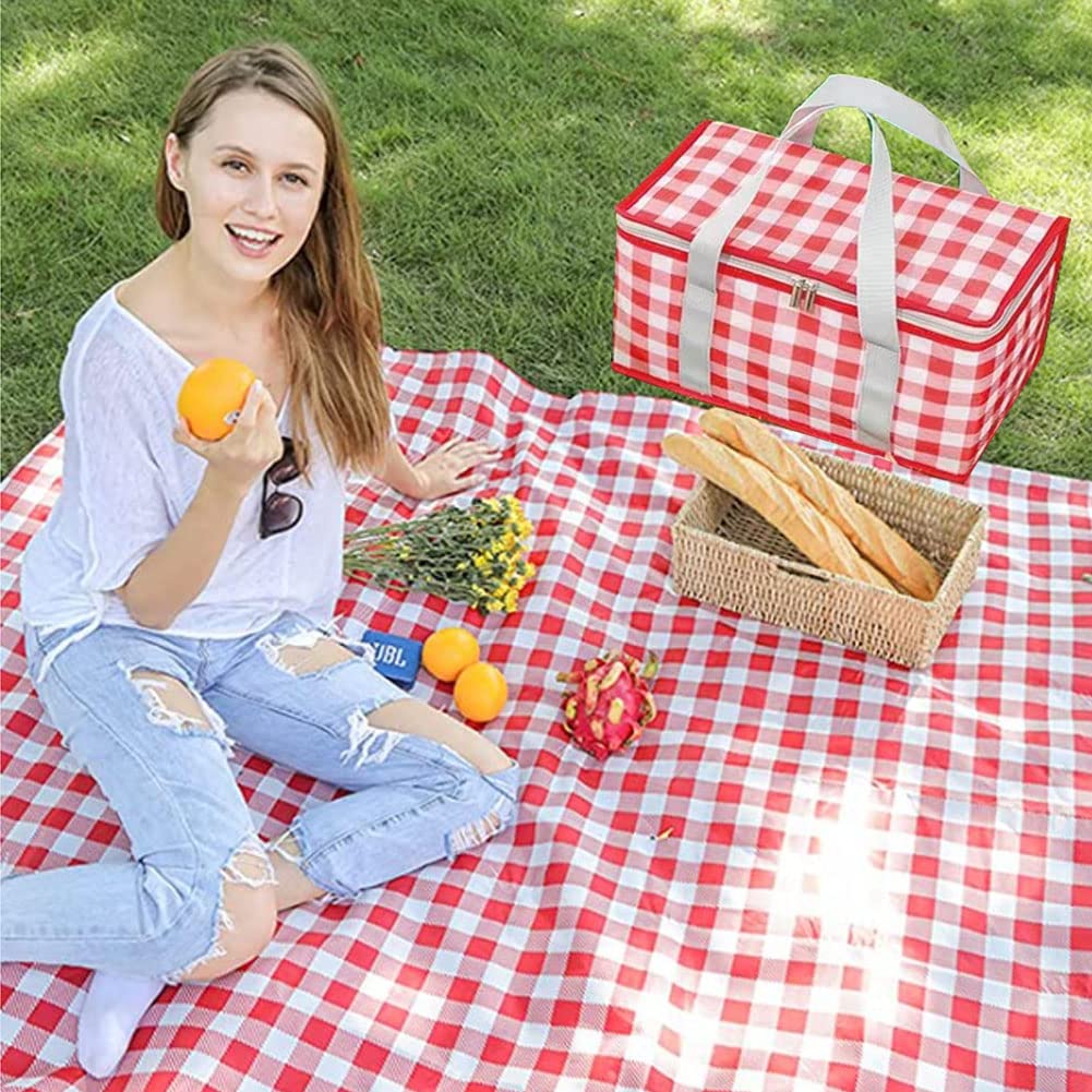 Insulated Picnic Bag Cooler Reusable, Beach Bag Cooler Bags with Zippered Top - Insulated Bag for Hot or Cold,Picnic Basket Collapsible, Picnic,Beach, Outdoor (13.8x7.9x7.9 in) (RED)