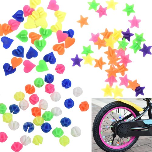 Dwwffer 108 Pcs Bike Wheel Spokes Beads,Multicolor Spoke Plastic Clip Decor Beads for Kids Bicycle Wheel Decorations (Round+Star+Heart)