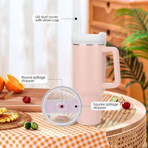Stanley 2 Pcs Replacement Lids for 40 Oz Tumbler - Silicone Spill Stopper Set with Dust Cover, Straw Lid & Reusable Straws (Pink)