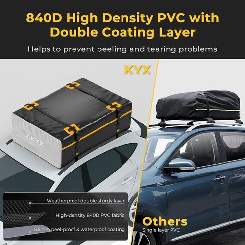 KYX Car Roof Bag Cargo Carrier –15 Cubic Feet Waterproof Roof Top Luggage Bag for All Cars with/Without Racks, Double Rain Curtain, Anti-Slip Mat