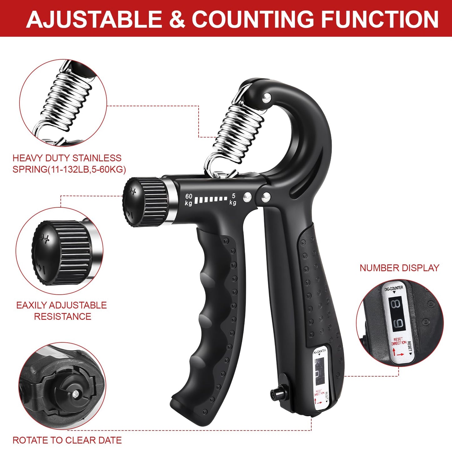 Hand Grip Strengthener Workout Kit (5 Pack) with Adjustable Tension Finger Exerciser, Adjustable Resistance Hand Gripper, Stress Relief Ball, and Forearm Workout Ring for Muscle Building and Injury Recovery