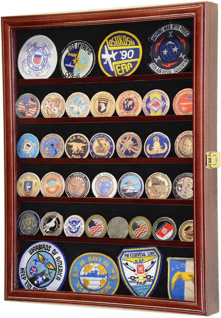 56 Challenge Coin Display Case Cabinet - Fully Adjustable Shelves - Larger Coins - 98% UV Protection (Black Finish)