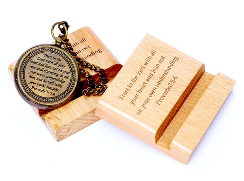 Trust in The Lord with All Your Heart - Proverbs 3: 5-6 Quote Engraved Compass On Wooden Stand, Baptism Gifts for Boys, Religious Gifts, Graduation Day 2025 Gifts, Compass Gifts for Him, Boys, Men