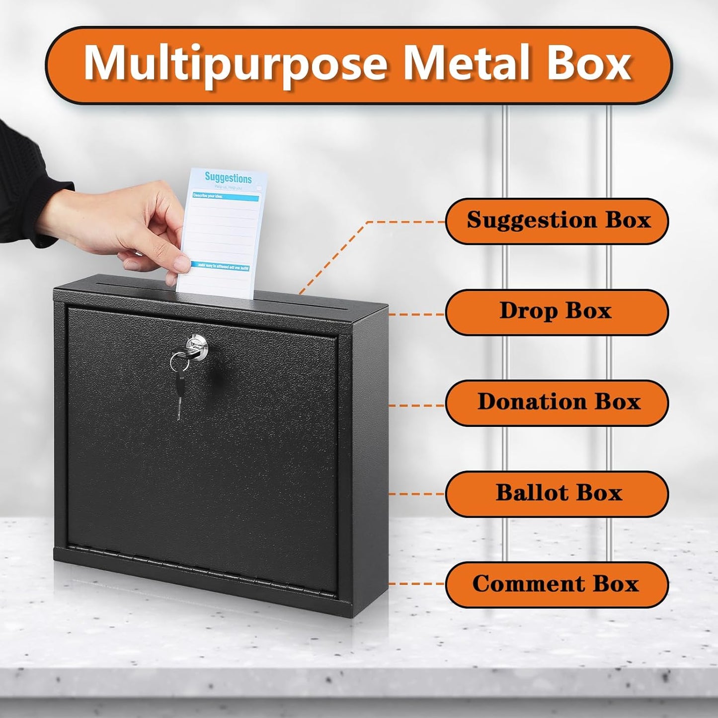 KYODOLED Suggestion Box with Lock and Slot, Small Locking Mailbox for Office, Wall Mount Safe Money/Key Drop Box with 50 Free Suggestion Cards, 9.8" W x 3" D x 7" H, Black