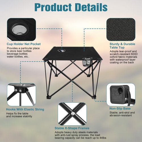 Portable Camping Table,Folding Camp Table,Lightweight Waterproof Canvas Beach Tables for Outside with 2 Cup Holders & Carry Bag for Camping, Picnic, Beach, Fishing, Travel and Outdoor RV