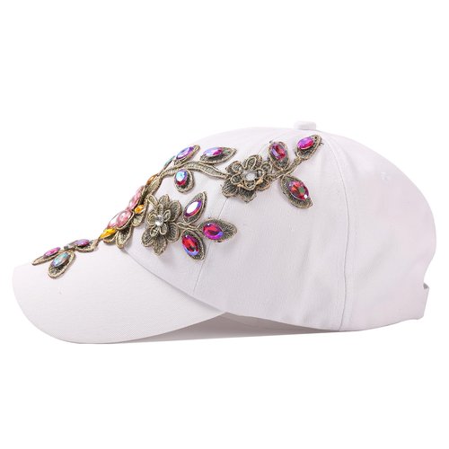 Women Rhinestone Baseball Cap Bejeweled Bling Cap Distressed Denim Sun Hat Adjustable (D-White)