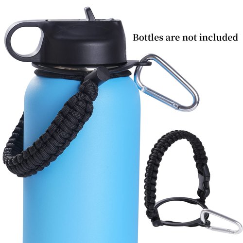 SUMERSHA 2Pcs Paracord Handle Fits Wide Mouth Bottles 12oz to 64oz - Water Bottle Paracord Handle Strap with Carrier Strap Cord, Safety Ring and Carabiner, Black