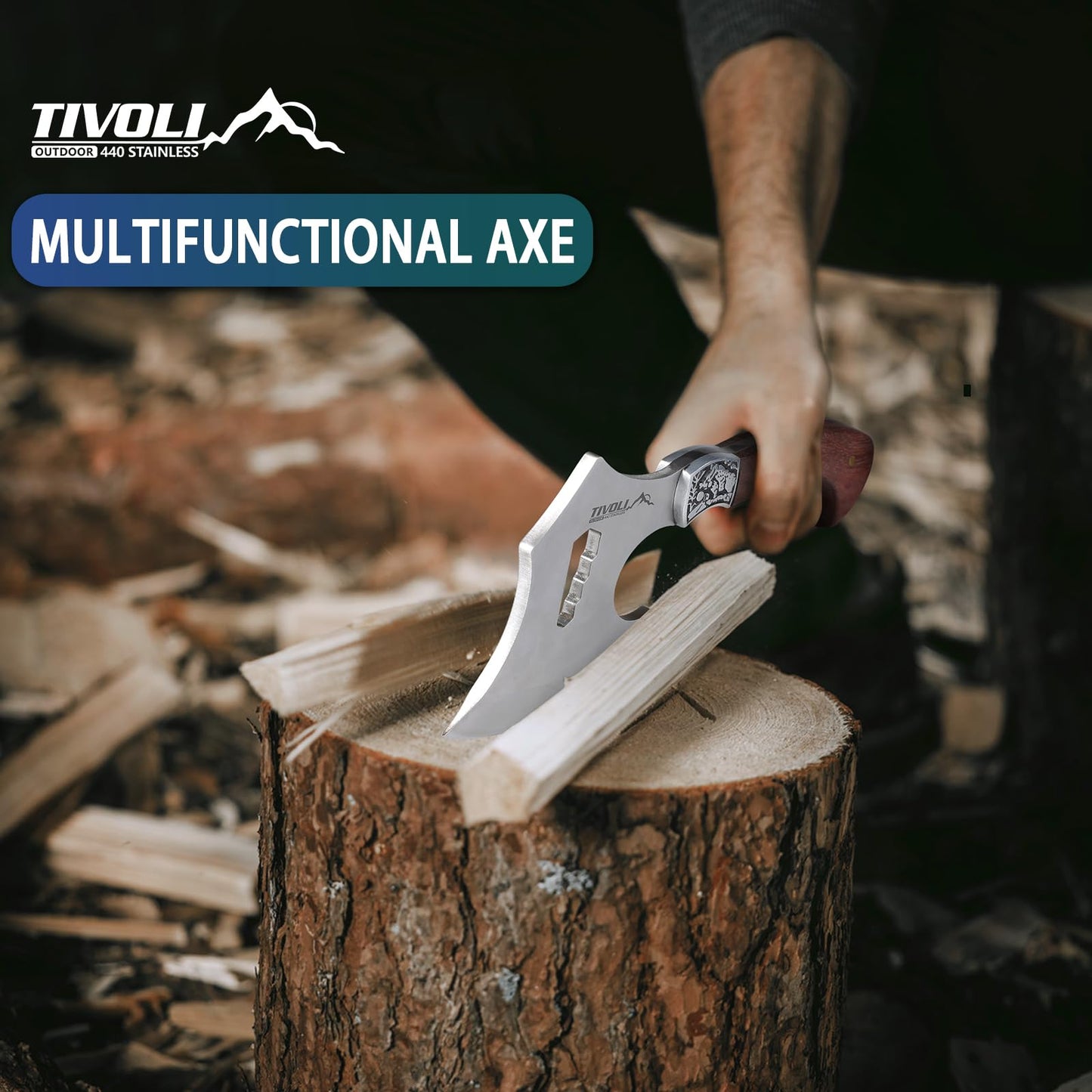 TIVOLI 8.86" Camping Axe, Survival Hatchet with Hex Wrench Slots, High Carbon Steel Blade Outdoor Bushcraft Axe with Nylon Sheath, Ergonomic Wood Grip Camping Gear for Hiking, Chopping, Hunting