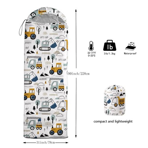 Datura home Kids Sleeping Bag for Boys Girls,Construction Truck Print-Lightweight Warm Portable Outdoor Indoor-Waterproof Cold Weather Resistant Sleeping Bag for Camping Hiking(Truck)