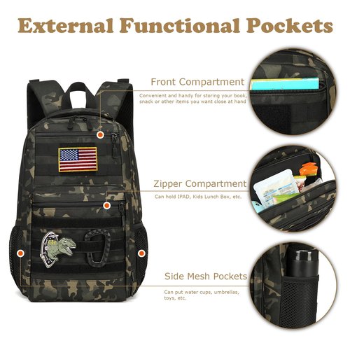 XINTREY Kids tactical Backpack for Boys School Bag 20L mini Children Backpack for Outdoor Camping Travel (Black Camo)