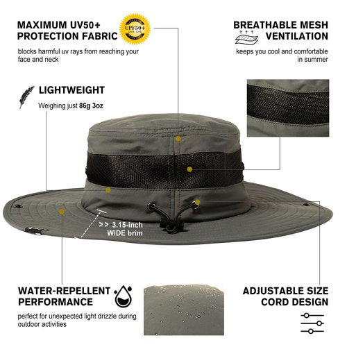 Summer Mesh Bucket Sun Hats for Men Big Head Wide Brim Boonie Safari Waterproof Beach UPF50+ Fishing Hiking Dark Grey X-Large XX-Large XL XXL