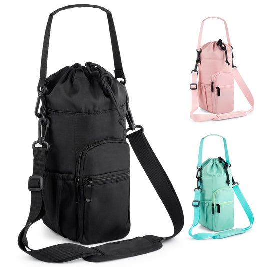 FXTBE Water Bottle Carrier with Strap and Pouch 32oz 40oz 64oz 16oz Water Bottles, Crossbody, Insulated Cooler Bag, Shoulder Sling for Walking, Black
