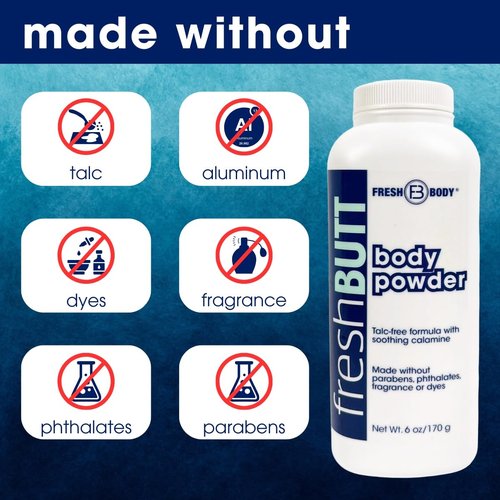 Fresh Butt Body Powder for Women & Men - Anti-Chafing, Anti-Itch, Odor & Sweat Absorbing + Calamine - Friction Fighting, Talc-Free, Unscented, 6oz