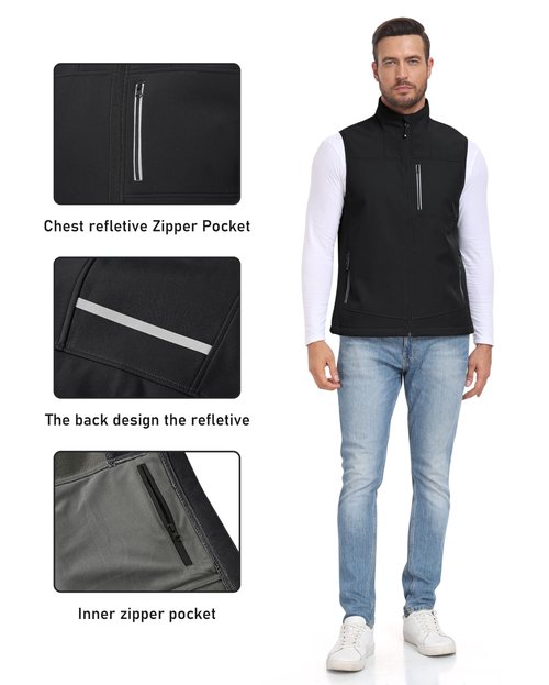 MoFiz Men's Lightweight Softshell Outwear Vest, Windproof Sleeveless Jacket for Running, Hiking, Cycling, Walking Black XXX-Large