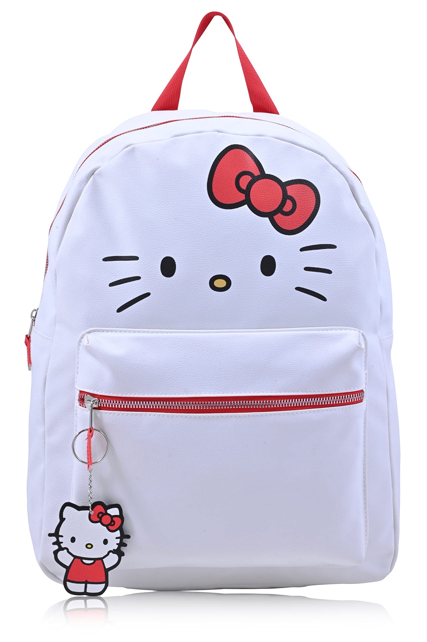 Fast Forward Sanrio Hello Kitty Backpack for Women, Large Faux Leather Bookbag Double Strap Shoulder Bag with 3D Design and Keychain (White-Red)