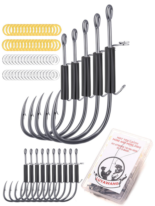 Fishing Hooks Set with Rubber Bands, 15/30 PCS Carbon Steel Barbed Hooks, 2 Sizes, for Catfish and Bass