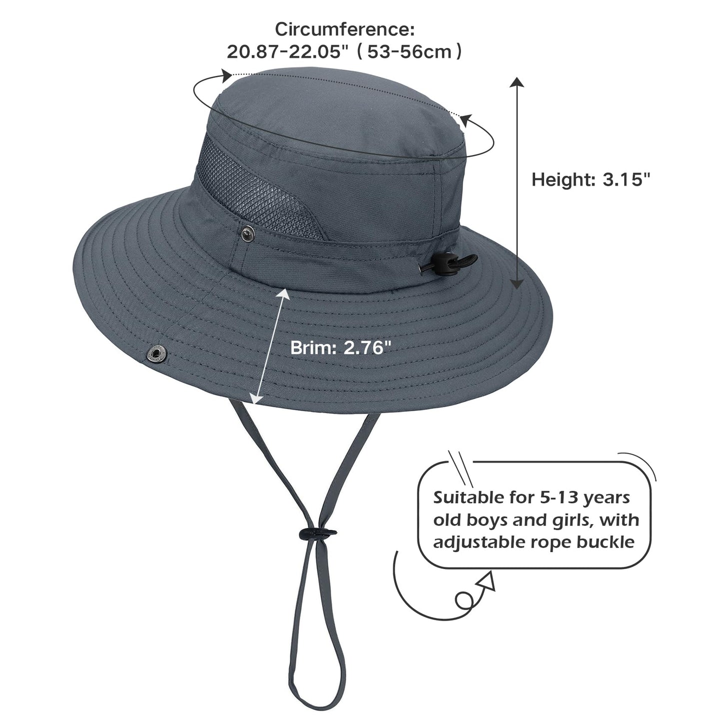 Durio UPF 50+ Sun Hat for Kids - Wide Brim Protection, Breathable Bucket Hat for Boys & Girls, Fishing - Dark Khaki & Dark Grey, 5-13 Years