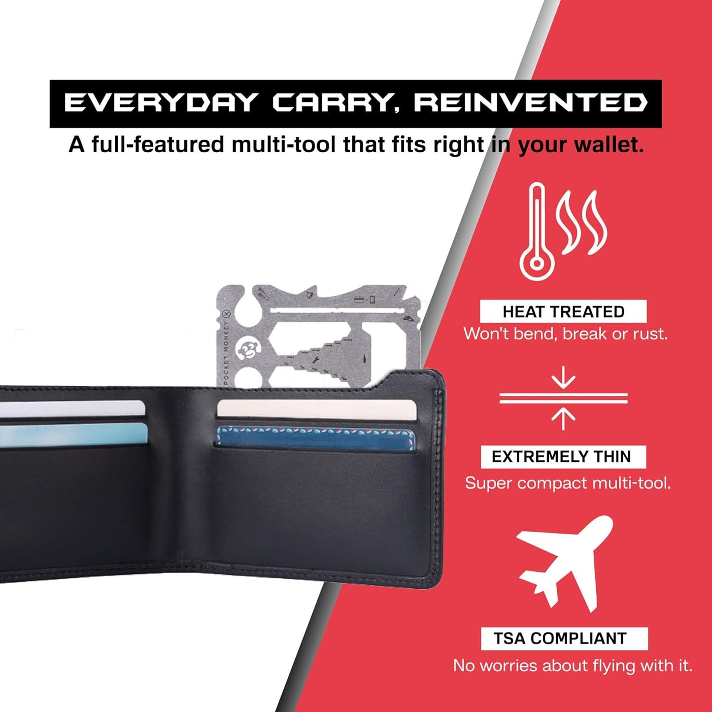 Wallet Multi-Tool, PocketMonkey 12-in-1 Credit Card Tool, Bottle Opener, Stainless Steel, MADE IN USA