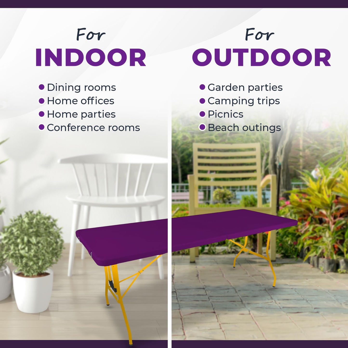 6Ft Rolling Folding Table with Built-in Wheels, Durable Plastic, Team Colors, Easy to Carry, Perfect for Camping, Picnic, Tailgating, Party, Indoor/Outdoor Use (Single Table, Purple/Yellow)