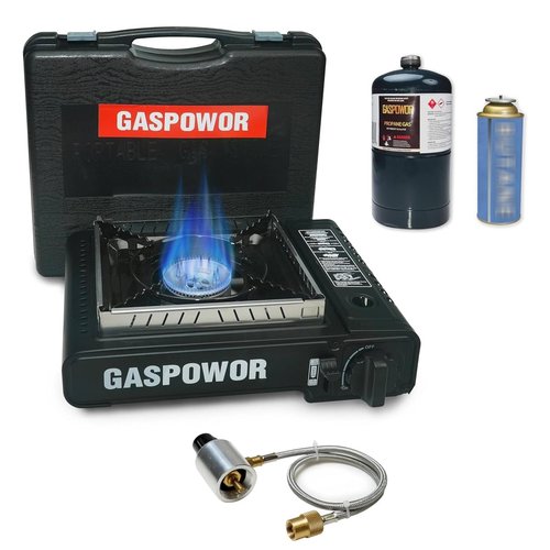 Propane or Butane Stove with Windblocker, Dual Fuel 10,000 BTU Propane Stove for Camping, Automatic Ignition, Gas Portable Stove with Propane Adapter Hose Carrying Case for Hiking (Fuel Not Included)
