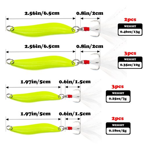 FREGITO Fishing Lures,Fishing Spoons, Colorful Casting Fishing Spinner Hard Baits Tackle Single Hook for Trout Bass Salmon Freshwater Saltwater with Metal Hooks (10pcs Glow Color)