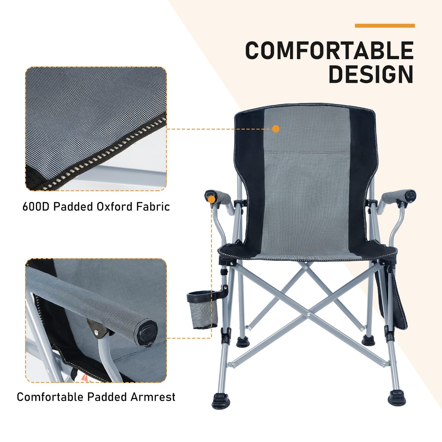 Homcosan Portable Camping Chair Folding Quad Outdoor Large Heavy Duty Support 330 lbs Thicken 600D Oxford with Padded Armrests, Storage Bag, Beverage Holder, Carry Bag for Outside(Grey, 2Pack)